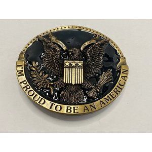 I'm Proud To Be An American Belt Buckle Bergamot Brass Works 1981 Black Enamel